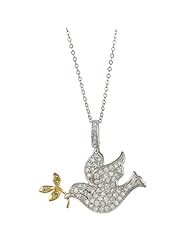 Sterling Silver Two-Tone with Gold-Plate CZ Dove with Olive Branch Pendant with 18" Chain