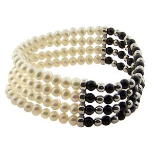 Click To Four-Row Stretch Bracelet with White Freshwater Pearls, Onyx and Sterling Silver Beads Details... Four-Row Stretch Bracelet with White Freshwater Pearls, Onyx and Sterling Silver Beads