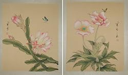 Pair of Original Chinese Watercolors -Vintage Painting of Butterflies and Flowers