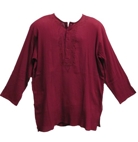 Mens Indian Cranberry Bohemian Crinkled Cotton Embroidered Tunic Shirt Kurta