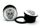 5/8" 16MM Acrylic Sugar Skull Day of the Dead Wood White Background Ear Gauge Plug Screw On (SOLD AS PAIR)