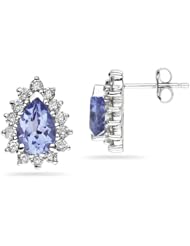 7X5mm Pear Shaped Tanzanite and Diamond Flower Earrings in 14k White Gold