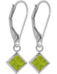 Girls 14K White Gold 1.30 Carat Princess Cut Square 5mm Genuine August Peridot Leverback Gem Earrings
