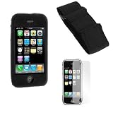 Durable Flexible Soft Black Silicone Skin Case + Adjustable Sports Armband + Premium LCD Screen Protector for Apple Iphone 1st Gen (NOT for iPhone 3G) Smartphone 1st Generation