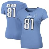 NFL Womens Detroit Lions Calvin Johnson Fair Catch IV Short Sleeve Crew Neck Tee By Majestic (Sport Blue, Medium)