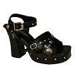 3 3/4 Inch Chunky Heel Womens Sandal Black Platform Open Toe Ankle Strap Rivets Studs