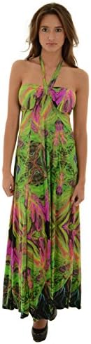 Womens Flowing Long Maxi Dress Unique Green Fuchsia Print Convertible Halter Sizes: Medium