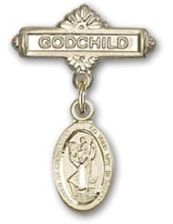 Gold Filled Baby Badge with St. Christopher Charm and Godchild Badge Pin