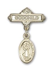14K Gold Baby Badge with St. Christopher Charm and Godchild Badge Pin