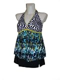 Womens Maternity Tankini Skirtini Swimsuit, two piece Swimwear, Geo-Paintbrush M-L