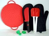 Cleanzone 7 Pce Kitchen Essentials Silicone Gift Set 1 X Red Pepper 25cm Splatter Guard 1 X Pair Black Noburn Oven Gloves 1 Silicone Flexiknife 2 X Silicone Spatulas 2 X Bottle Stops 10 Year Guarant
