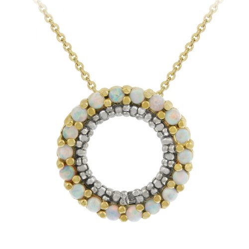 18k Gold Plated Sterling Silver Created Opal Medium Circle Pendant , 18"