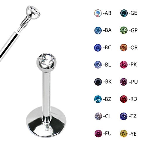 Steel Internally Threaded Labret Tragus Lip Monroe w/CZ Gem-16G