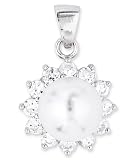 Faux Pearl With Round C.Z. Diamond Set Like A Flower (.925) Sterling Silver Pendent