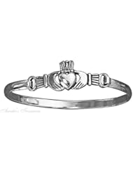 Sterling Silver 7" Wrist Claddagh Bangle Bracelet Latch Hook Closure