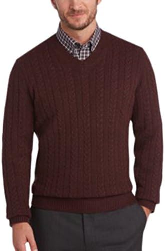 Joseph Abboud Modern Fit Burgundy Cable Knit V-neck Wool Blend Sweater