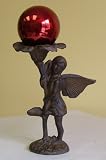 Rustic Cast Iron Angel Gazing Globe Stand with Ruby Red Stainless Steel Gazing Globe