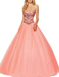 Sexy A-line Strapless Sweetheart Tulle Sleeveless Sequined Lace-Up Beaded  Pleated Crystal Floor Length Evening Dress/Prom Dress/Quinceanera Dress/Party Dress  With Rhinestones
