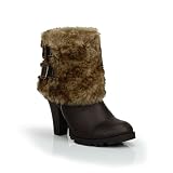 Dual Buckle Fur Trim High Heel Ankle Bootie Brown