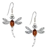 Sterling Silver Antiqued Honey Amber Dragonfly Earrings on French Wires