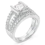 Sterling Silver Cubic Zirconia CZ Wedding Engagement Ring Set
