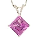 14k White Gold 6mm Princess Cut Lab Created Pink Sapphire 4-Prong Pendant, 18"
