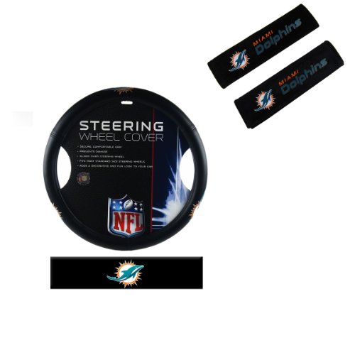 A set of 3 Piece Automotive Gift Set: 2 Shoulder Pads and 1 Wheel Cover - Miami Dolphins