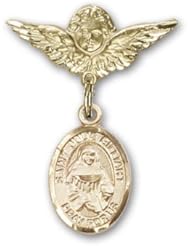 Gold Filled Baby Badge with St. Julie Billiart Charm and Angel with Wings Badge Pin