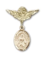 14K Gold Baby Badge with St. Julie Billiart Charm and Angel with Wings Badge Pin