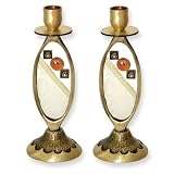 Candle Holders - SET - Made in Israel for Shabbat and Jewish Holidays. Gold Metal with an Oval Shaped Glass and Orange Stone in Middle. Small Image of Pomegrante on the Middle of Glass.
