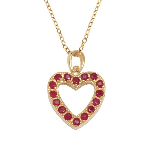 18k Yellow Gold Plated Sterling Silver Ruby and Diamond Accent Open Heart Pendant Necklace, 18