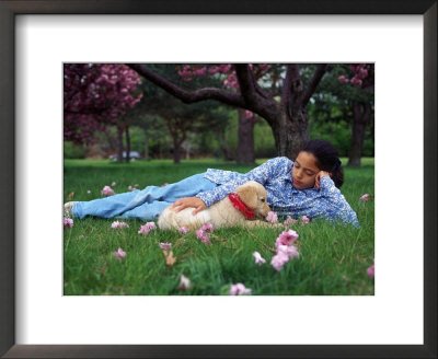 10-year-old Girl with Golden Retriever Puppy Animals Framed Art Poster Print by Frank Siteman, 22x18