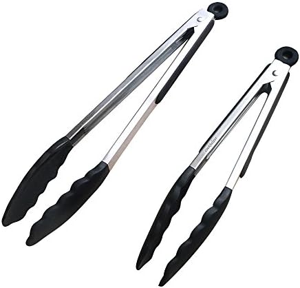 Cookhelper Premium Multipurpose Silicone Tongs 2 Pack (9-Inch and 12-Inch) Stainless Steel Kitchen Tongs for Barbecue (BBQ) Tongs,Salad Tongs， Food-grade Silicone Tips（black）