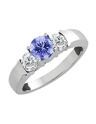 1.00 Ct Round Blue Tanzanite and White Diamond 18k White Gold Ring
