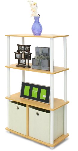 Furinno 4 Tier Shelf Storage Shelves Cabinet Bookcase Bookshelf Bookshelves With Bins - Beech Finish, NW889BE