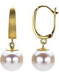 14k Yellow Brushed Gold 9-10mm Round White Akoya Pearl High Luster Lever Back Earring AAA Quality. Include Small Brown Jewelry Gift Box with Bow.