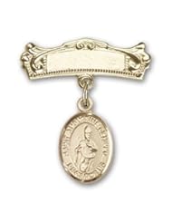 14K Gold Baby Badge with St. Augustine of Hippo Charm and Arched Polished Badge Pin
