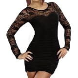 Sexy black floral lace bodycon long sleeve Slinky Clubwear Prom Party cocktail drape deep v sweetheart neckline floral print stretch mini dress