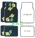 A Set of 4 Universal Fit Plush Hawaiian Hibiscus Floral Carpet Floor Mats for Cars / Truck - Navy Floor Mats with Yellow Hibiscus