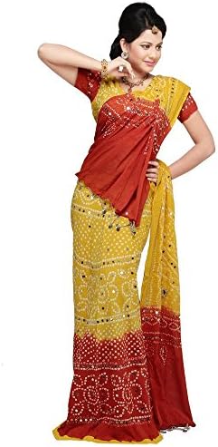 Jaipur Raga Women's Rajasthani Ethnic Tie N Dye Long Cotton Lehanga Choli Set X-Large Red Yellow