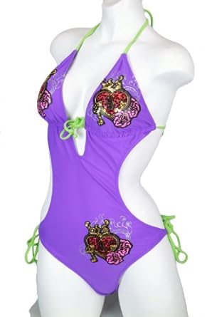 Purple Triangle Top & Tie Side Bottom Sequins Monokini Bathing Suit