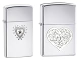 Zippo 2012 Lighter Set - Slim Bling Heart Engraved with Swarovski Crystal Satin Chrome and High Polish Chrome Love Heart Fancy Tattoo Logo 28328 24459