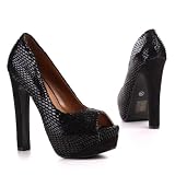 Damen Schuhe, PUMPS, HIGH HEELS PLATEAU PEEPTOE, A8031, Synthetik in hochwertiger Leder und Wild Leder Optik