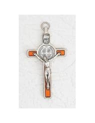 Art and Craft Supply: INRI Crucifix with St. Benedict Medal Silver Plated Enamel Orange 3" - FindingKing