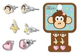 High IntenCity© Set of 3 Monkey Head, Banana & Heart Stud Earrings with Crystals