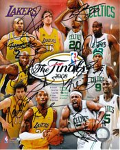 Signed NBA Finals 2008 (Los Angeles Lakers vs. Boston Celtics) 8x10 By the 2008 NBA Finals Starting line-up Teams. From the Los Angeles Lakers: Kobe Bryant, Derek Fisher, Pau Gasol, Lamar Odom and Vlidimi Radmanovic. From the Boston Celtis: Ray Allen, Kevin Garnett, Paul Pierce, Rajon Rondo and Kendrick Perkins. Photo