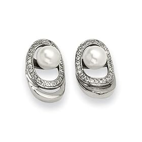 Chisel Stainless Steel Cultured Pearl and CZ Earrings