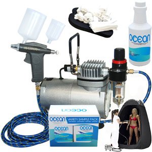 Complete Professional Turbo Tan Airbrush Sunless Tanning System with a Trigger Style Gravity Feed Airbrush Gun plus a Pint of 8.5% DHA Solution with Medium Bronzer, a 4 Solution Variety Pack (1 Pint Total), a Tanning Tent and an Accessories Kit