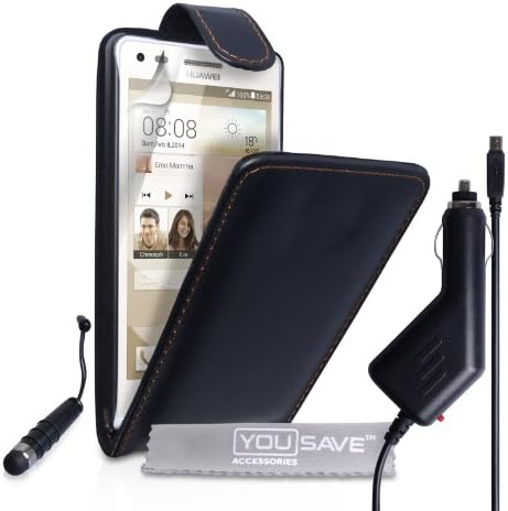 Yousave Accessories Huawei Ascend G6 Case (3G Model Only) Black PU Leather Flip Cover With Mini Stylus Pen And Car Charger