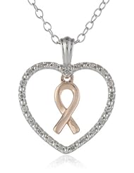Silver Heart and 10k Rose Gold Ribbon of Hope Diamond Accent Pendant Necklace, 18"